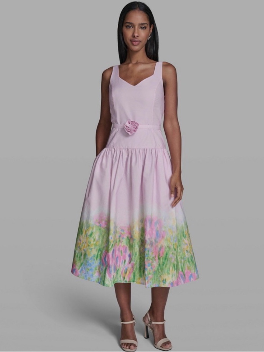 KARL LAGERFELD PARIS Women's Drop Waist Border Hem Midi Dress